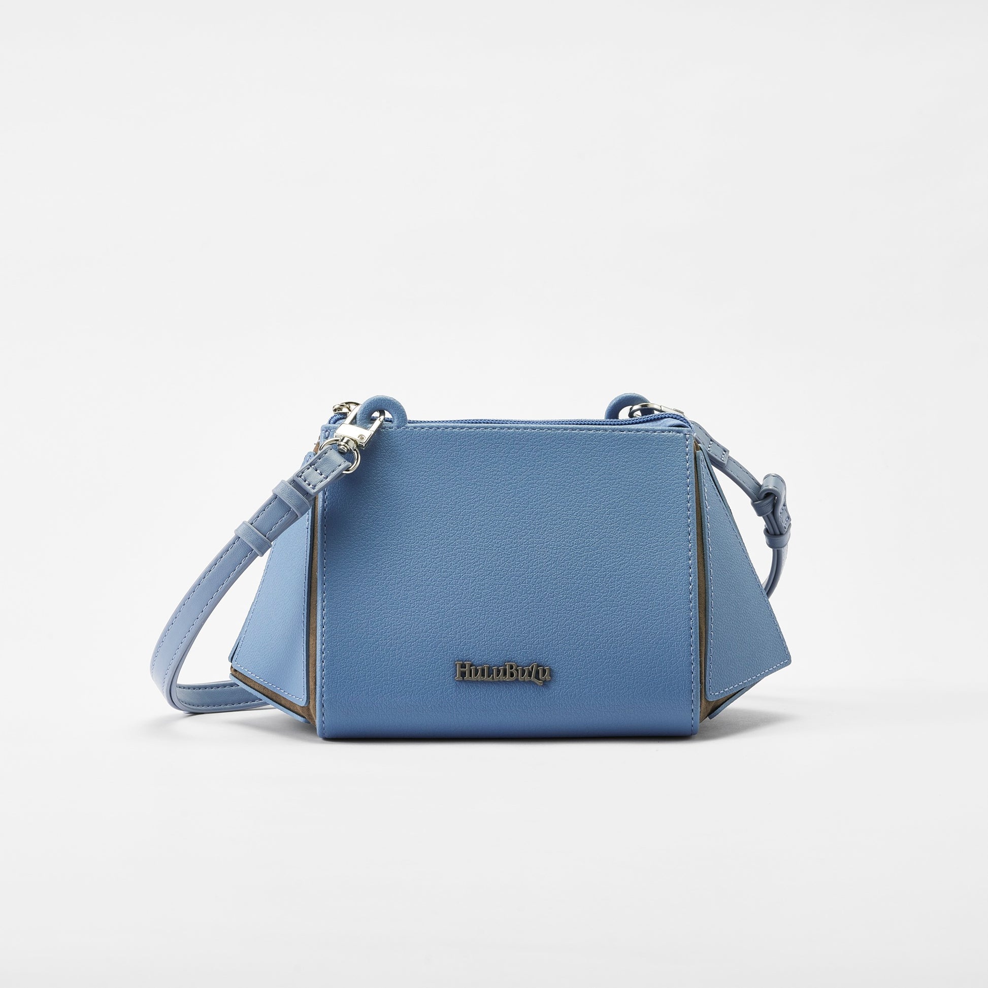 Front view of HuluBulu Aqua Blue In & Out Crossbody Bag - Stylish and structured multi-tonal blue crossbody bag with adjustable shoulder strap.