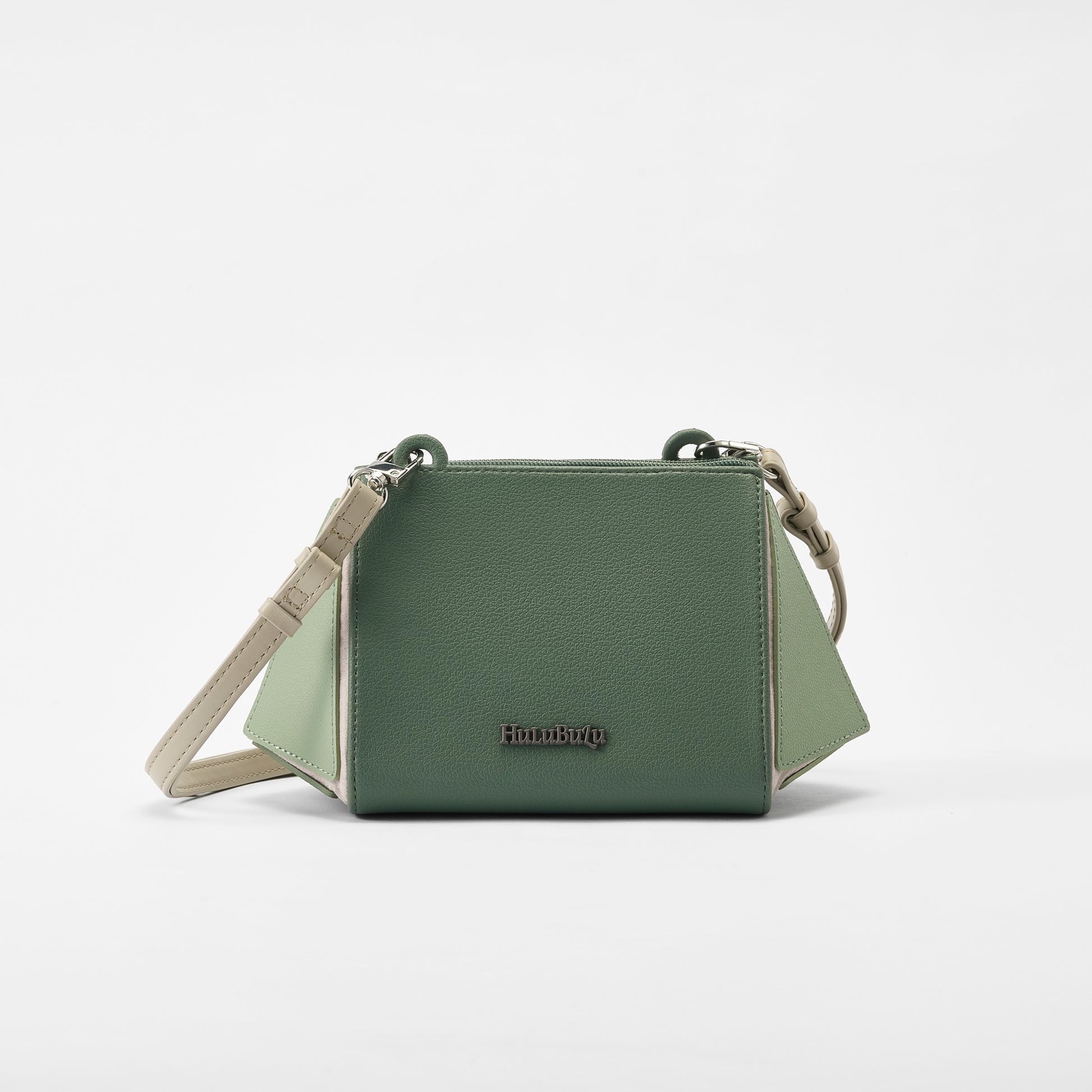 Front view of HuluBulu Grey Green In & Out Crossbody Bag - Stylish and structured multi-tonal blue crossbody bag with adjustable shoulder strap.